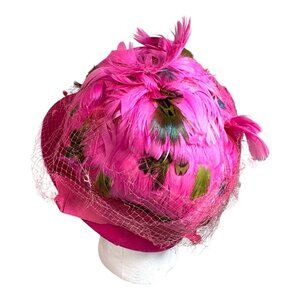 Vintage Pink Feathered Hat Netting & Green Accents For Women Classic 1950s Style